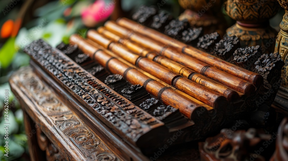 Carved wooden box holding bamboo sticks, ornate details, Asian market background Carved wooden box holding bamboo sticks, ornate details, Asian market background