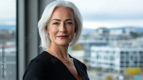 An experienced businesswoman in her late 50s standing by a large window, overlooking the city with a reflective expression Free Download An experienced businesswoman in her late 50s standing by a large window, overlooking the city with a reflective expression - GFXLoad