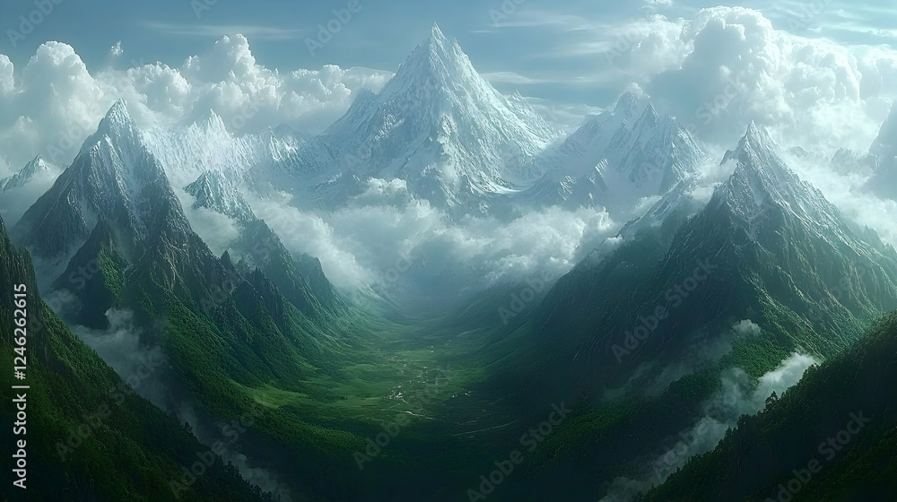 Majestic snow-capped mountains rise above a lush green valley, shrouded in mist and clouds, creating a breathtaking panoramic view. Majestic snow-capped mountains rise above a lush green valley, shrouded in mist and clouds, creating a breathtaking panoramic view.