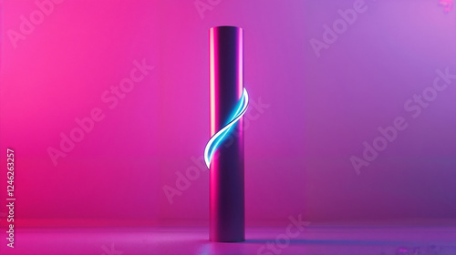 Futuristic glowing cylinder with neon light swirl on pink background