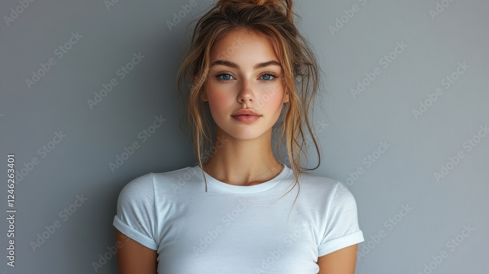 mock up t shi rt young woman in white t shirt on grey background studio shot mock up t shi rt young woman in white t shirt on grey background studio shot