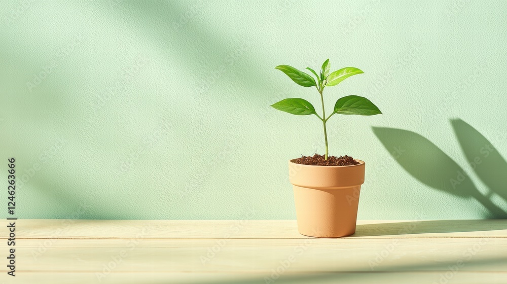 Obraz premium Minimalist green plant in ceramic pot on wood surface