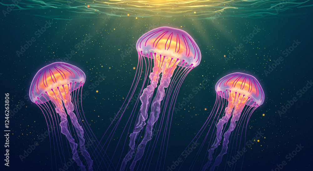 Fototapeta premium Three bioluminescent jellyfish