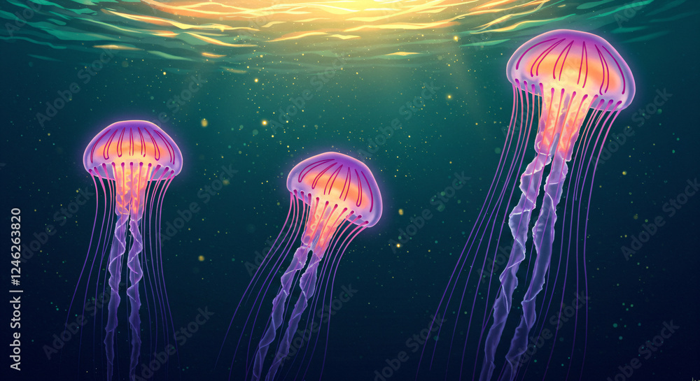 Naklejka premium Three bioluminescent jellyfish