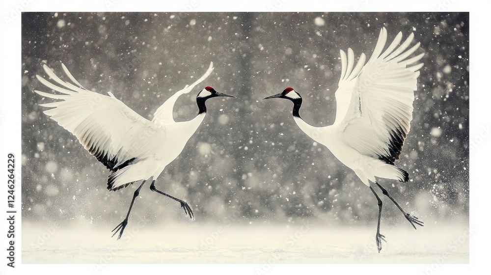 Two red-crowned cranes dancing in snowy winter. Two red-crowned cranes dancing in snowy winter.