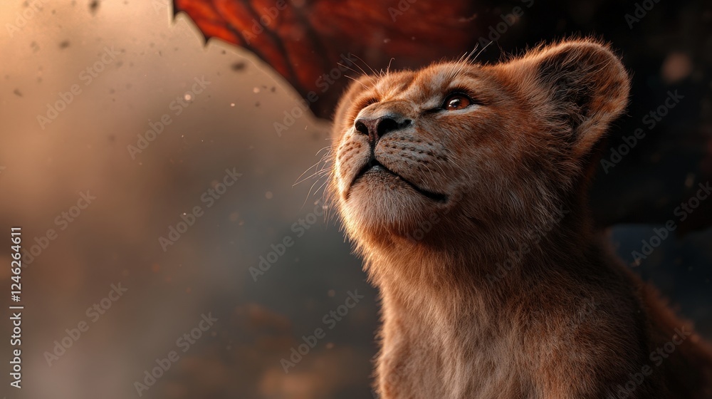 Fototapeta premium A young lion cub gazes upward, capturing a sense of curiosity and wonder that symbolizes exploration and the beauty of new beginnings as light dances around it majestically.