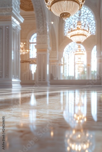 Mosque interior  sunlight  marble floor  chandeliers  arches  peaceful prayer space