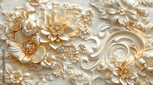 Cream and beige floral stucco relief, ornate and decorative design with swirls