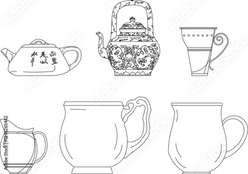 Vector illustration sketch design of accessories for drinking teapots in cafes and restaurants 