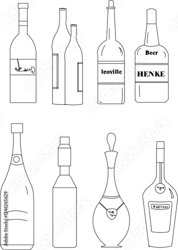 Vector illustration sketch design of wine bottle accessories for drinking in cafes and restaurants