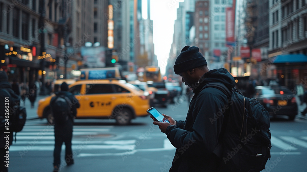 Obraz premium person using phone to book ride in busy city street