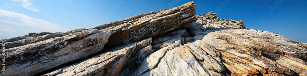 Panoramic View of a Rocky Mountain Peak with Person Panoramic View of a Rocky Mountain Peak with Person
