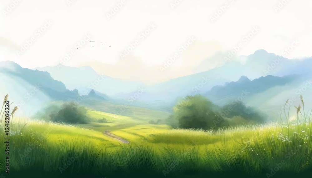 Obraz premium Serene Landscape with Rolling Green Hills and Misty Mountains