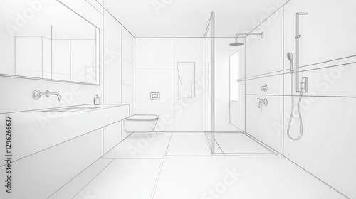 Modern bathroom design sketch, minimalist shower, sink, toilet. Architecture visualization.