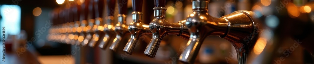 Gleaming beer taps, various styles, bar setting, bar, ale