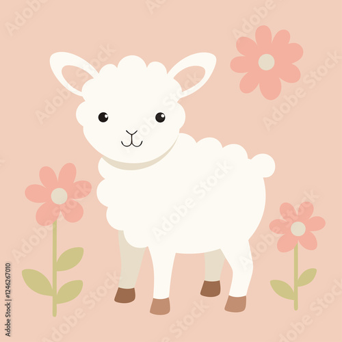 Smiling Easter Lamb in Pastel Flower Meadow cute farm card sheep field happy    
