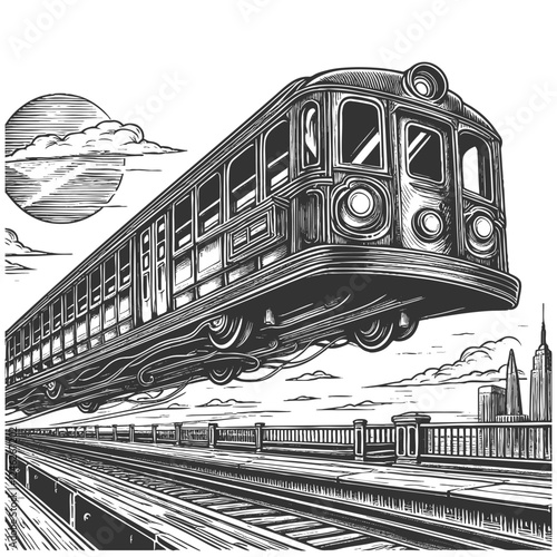 Flying Train in the Sky engraving vector