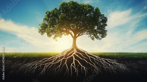 Wallpaper Mural A majestic tree with expansive roots stands against a vibrant sky, symbolizing strength and growth. Torontodigital.ca