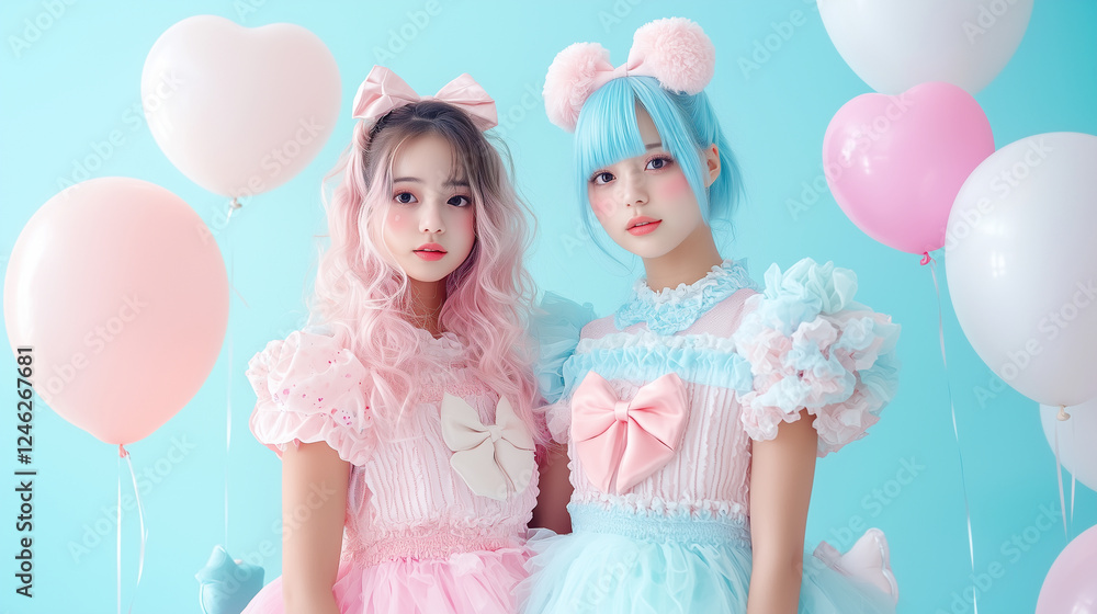 Kawaii Style Young Women in Pastel Studio Setting Kawaii Style Young Women in Pastel Studio Setting