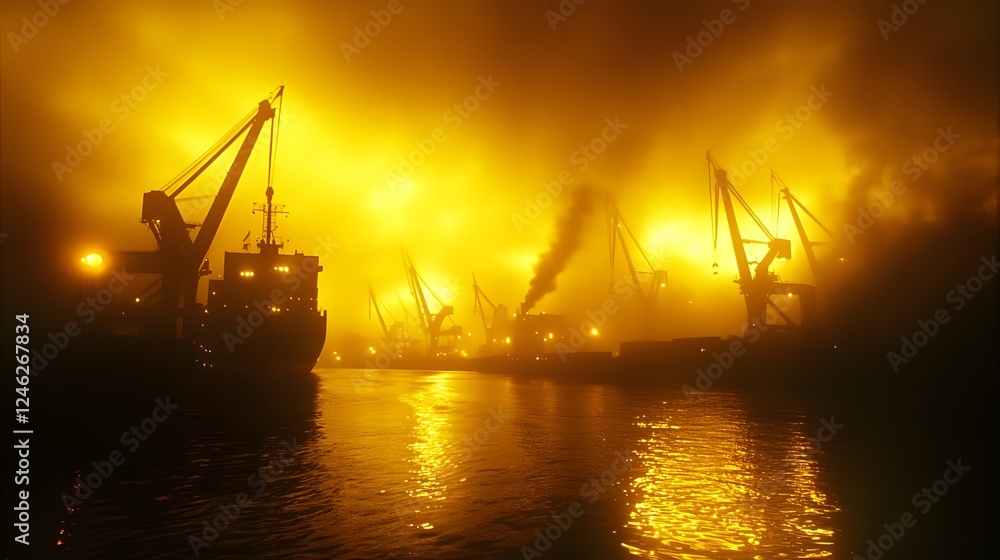 Obraz premium Dramatic sunset over a bustling shipping terminal with a large freight ship and industrial cranes highlighted by warm golden hues evoking a sense of elegance and industrial prowess