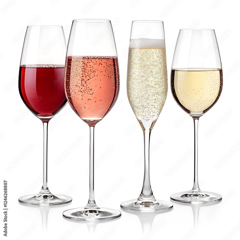four Different kinds of wine in wine glasses isolated on white Background four Different kinds of wine in wine glasses isolated on white Background