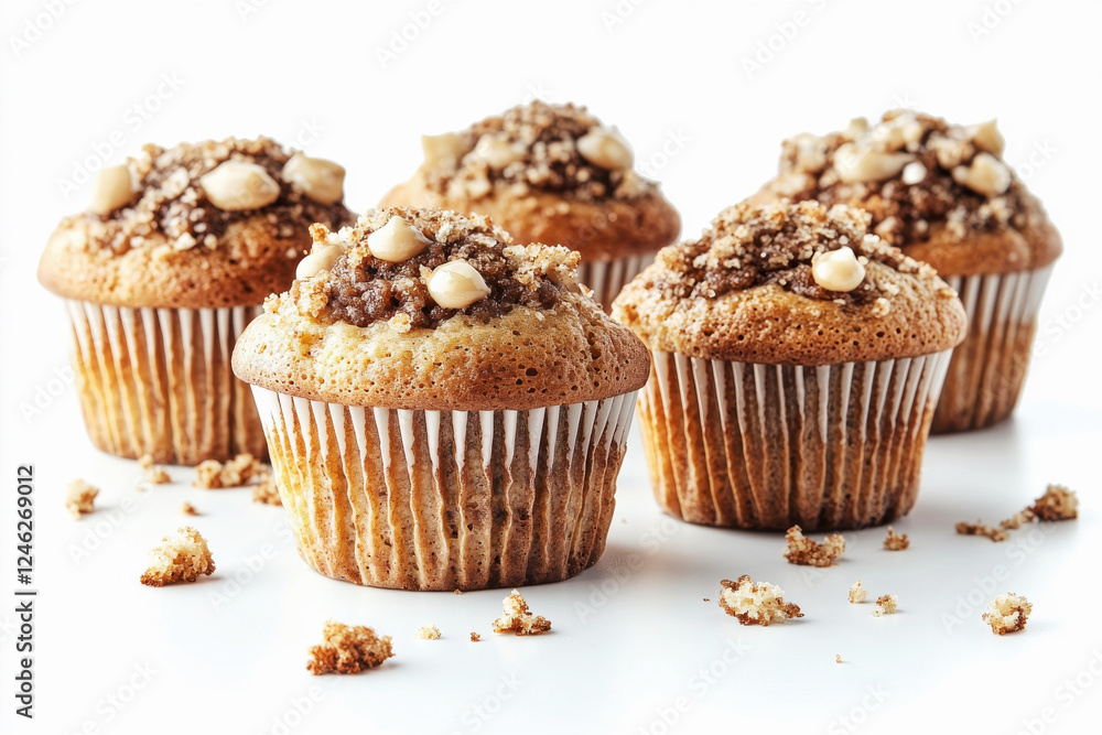 Muffins with scattered crumbs showcasing moist texture and toppings on a white background for a delightful bakery display Muffins with scattered crumbs showcasing moist texture and toppings on a white background for a delightful bakery display