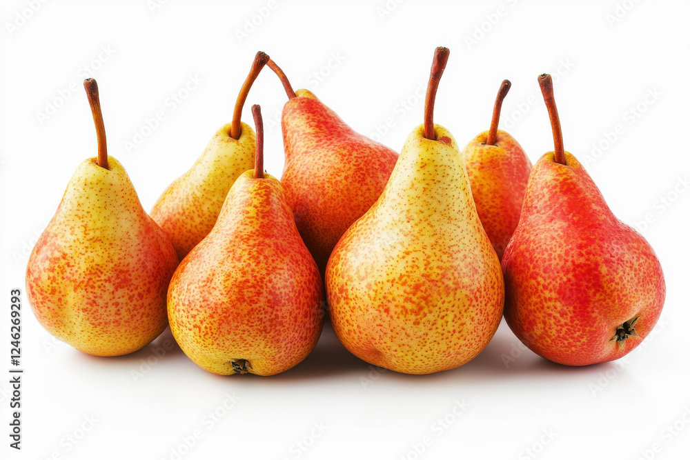 Cluster of ripe pears showcasing natural blemishes and vibrant colors against a white backdrop in a well-lit display Cluster of ripe pears showcasing natural blemishes and vibrant colors against a white backdrop in a well-lit display