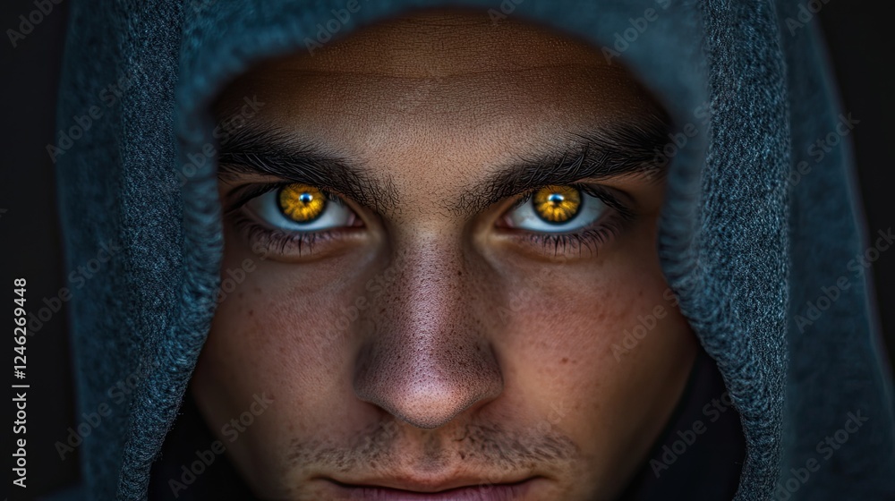 Intense gaze of a hooded figure with striking golden eyes portrait Intense gaze of a hooded figure with striking golden eyes portrait
