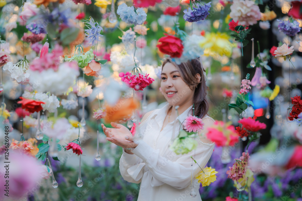 young asian woman with flower show on the park, my vacation relax concept. young asian woman with flower show on the park, my vacation relax concept.