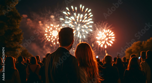 Lovers watching fireworks shaped like hearts in the night sky photo