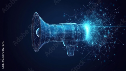 Digital megaphone emitting glowing particles.