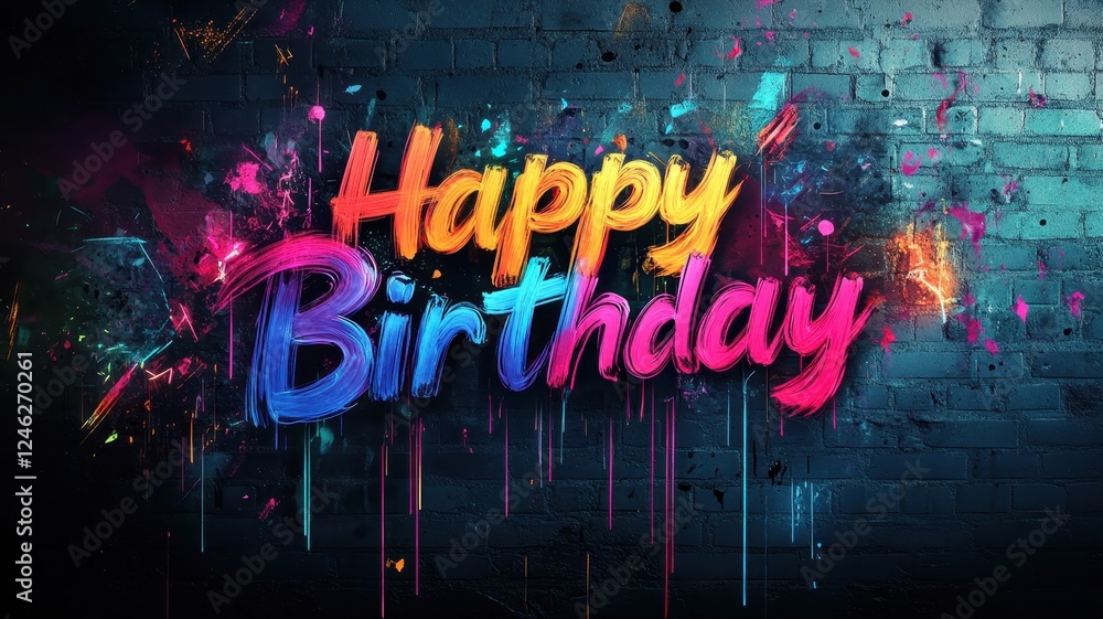 Vibrant graffiti art celebrating a birthday urban street digital graphic colorful atmosphere close-up view Vibrant graffiti art celebrating a birthday urban street digital graphic colorful atmosphere close-up view