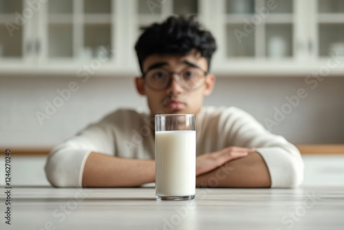 Teenager with lactose intolerance hesitates while looking at a glass of milk in bright kitchen