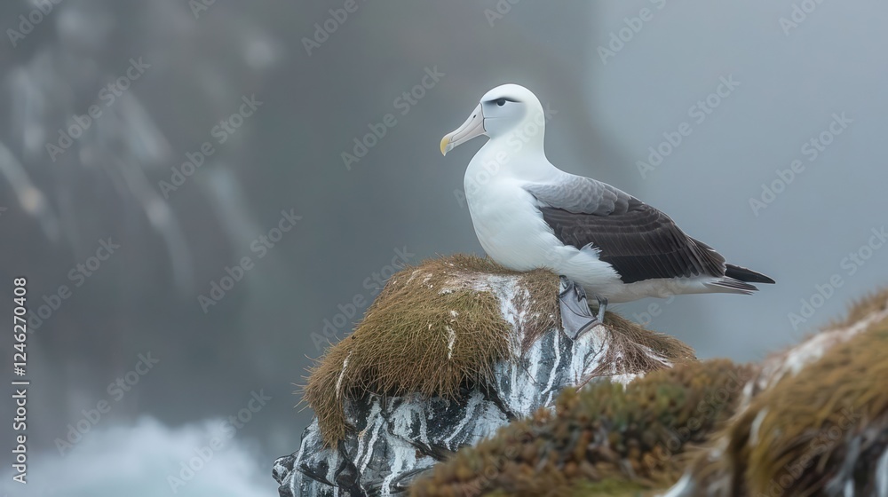 Majestic albatross perched on a rocky outcrop overlooking a misty coastal landscape Majestic albatross perched on a rocky outcrop overlooking a misty coastal landscape