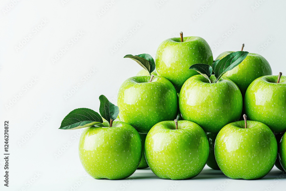 Shiny green apples arranged in a pyramid on a pure white background highlighting their smooth texture and vibrant color