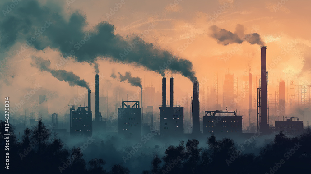 Industrial Cityscape at Dusk, Pollution and Smoke Industrial Cityscape at Dusk, Pollution and Smoke