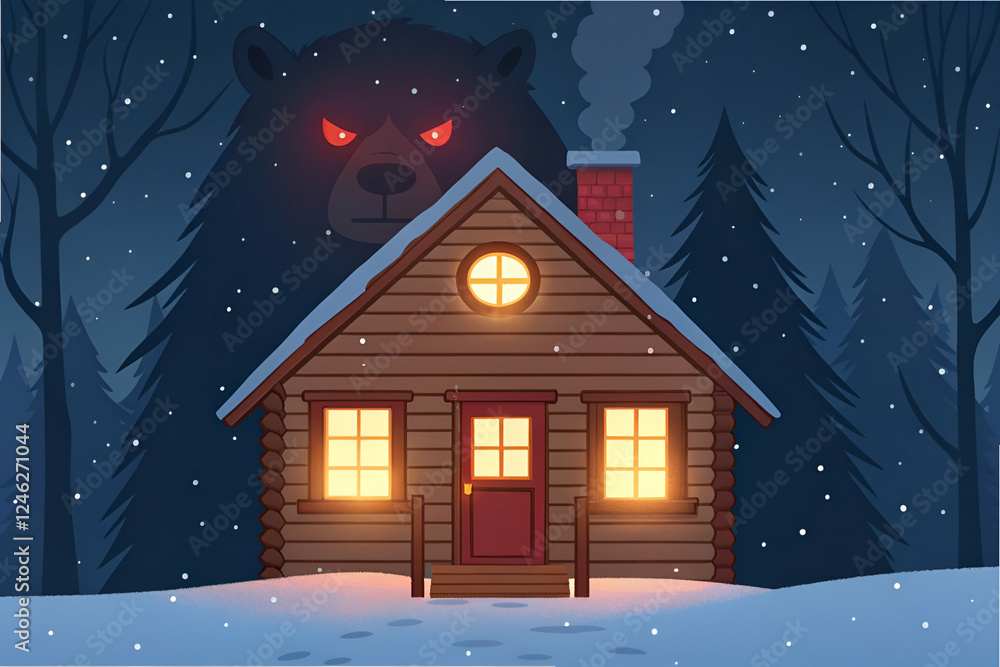 Fototapeta premium A cozy wooden cabin in a snowy forest, illuminated from within, with a large bear lurking ominously in the background.