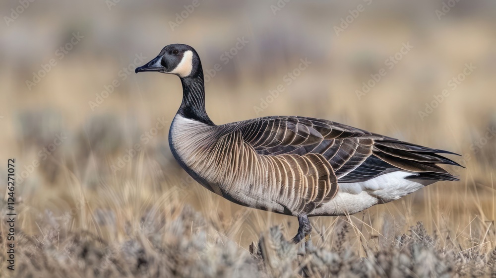 A graceful goose walking through a grassy field, showcasing its elegant plumage in nature A graceful goose walking through a grassy field, showcasing its elegant plumage in nature