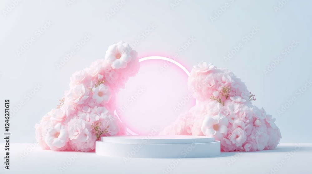 A delicate arrangement of flowers rests on a fluffy surface, illuminated by a soft pink neon circle above. The serene atmosphere invites tranquility and beauty A delicate arrangement of flowers rests on a fluffy surface, illuminated by a soft pink neon circle above. The serene atmosphere invites tranquility and beauty