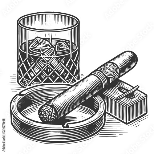 classic cigar resting on an ashtray, accompanied by a whiskey glass with ice and a cigar cutter sketch engraving generative ai vector illustration. Scratch board imitation. Black and white image.
