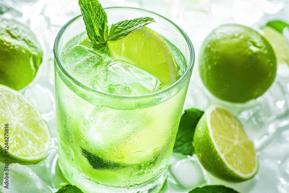 Refreshing gin and tonic with mint and lime on a pristine white background for a summer vibe Refreshing gin and tonic with mint and lime on a pristine white background for a summer vibe