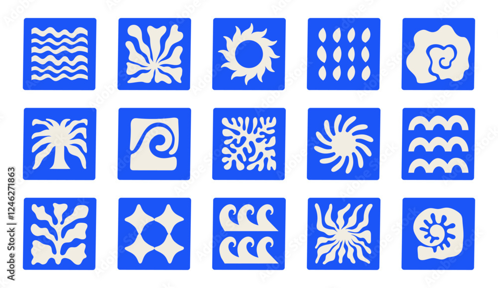 Vector modern art print elements in simple floral wavy and groovy naive style, ocean and vacation theme, flowers and plants, floral botanic hand drawn design templates, modern art prints Vector modern art print elements in simple floral wavy and groovy naive style, ocean and vacation theme, flowers and plants, floral botanic hand drawn design templates, modern art prints