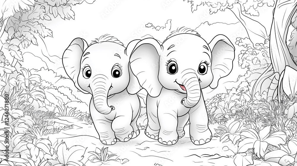 Obraz premium Black and white baby elephants walking together line art for kids coloring