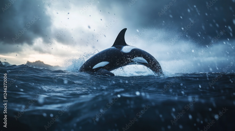 Obraz premium Orca Leaping in Stormy Seas: A Majestic Wildlife Encounter