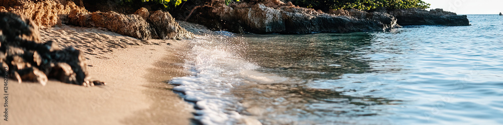 Sandy Beach, Rocky Shoreline, and Ocean Wave Sandy Beach, Rocky Shoreline, and Ocean Wave