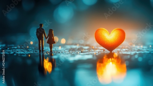 Miniature couple holding hands beside glowing heart romantic setting emotional connection dreamy viewpoint photo