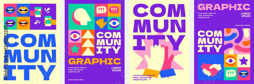 Vibrant community poster collection with bold typography, geometric shapes, synergy elements, and playful color blocks for a modern social design.