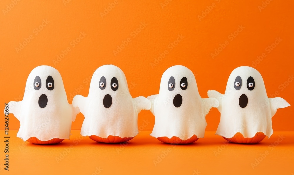 Four ghost figurines on orange background for Halloween decoration Four ghost figurines on orange background for Halloween decoration
