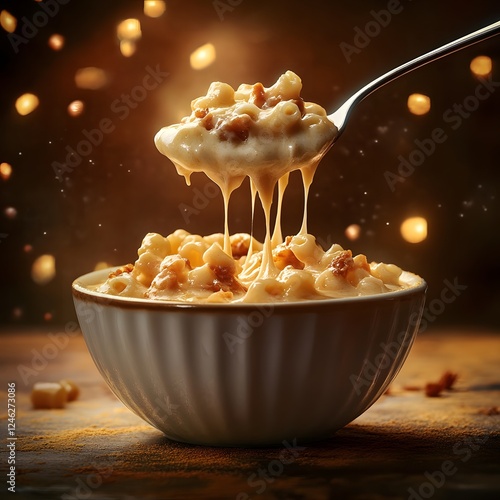 A bowl of creamy mac and cheese, rich golden sauce dripping from a spoon, soft lighting
