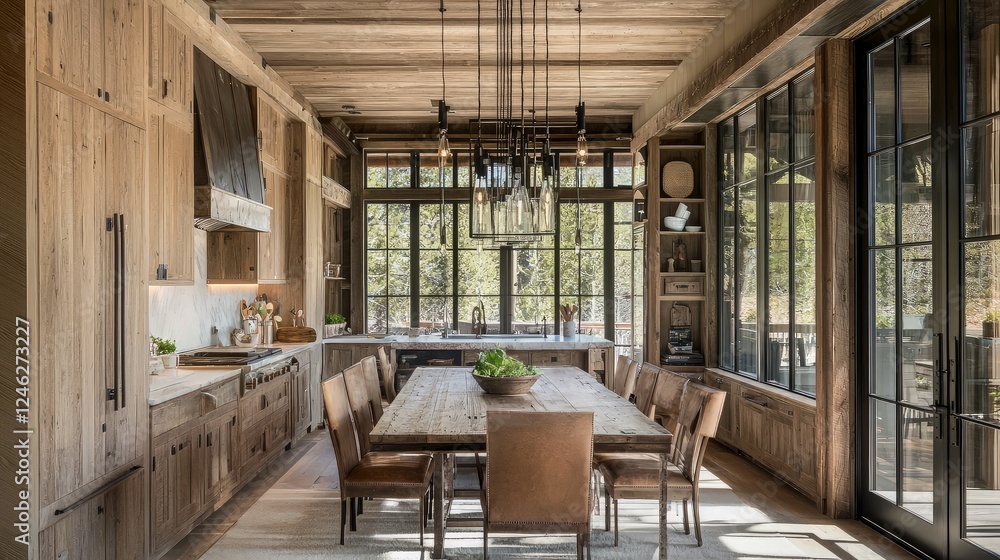 Rustic kitchen, dining area, mountain view, wood design, home interior. Rustic kitchen, dining area, mountain view, wood design, home interior.